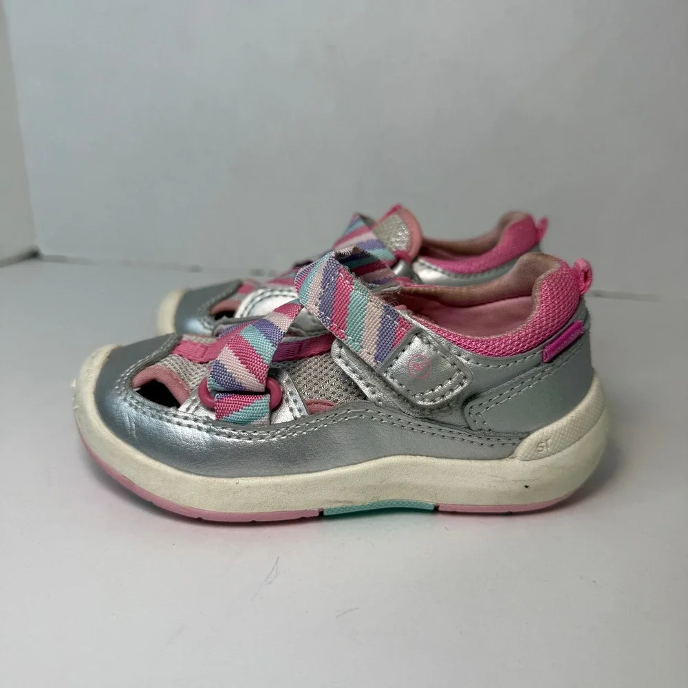 Stride Rite SRT Surf Toddler Sandals Silver Pink Striped Girls Size 6.5